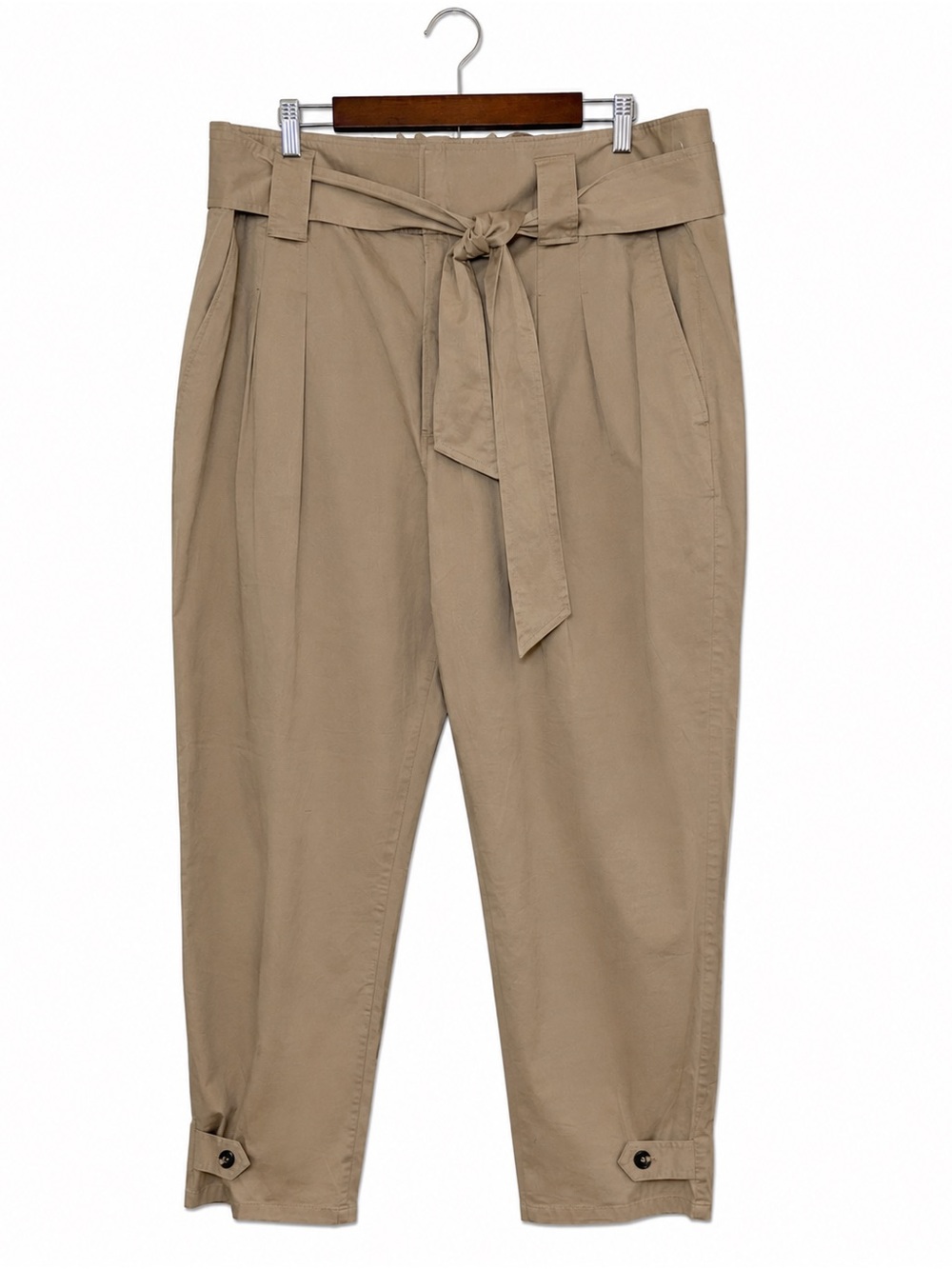 Lauren Ralph Lauren Khaki Paperbag Pants | Belted Tapered Ankle Trouser - Picture 2 of 12